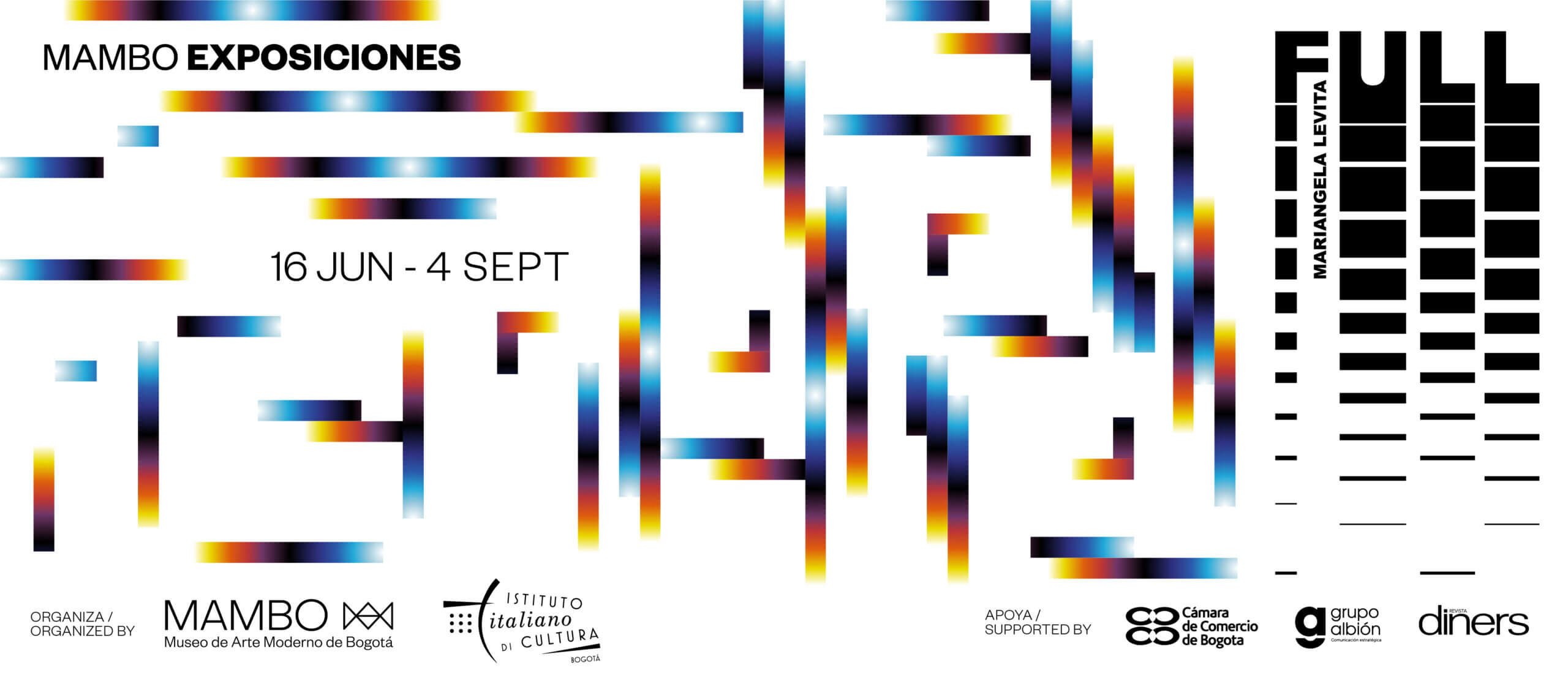 Imagen promocional de la exposición Cromofilia (Chromophilia) de Carlos Cruz-Diez en el Museo de Arte Moderno de Bogotá. La exposición se lleva a cabo del 14 de marzo al 9 de junio de 2024 y presenta una obra con gradientes de colores desde el verde y azul hasta el rojo.